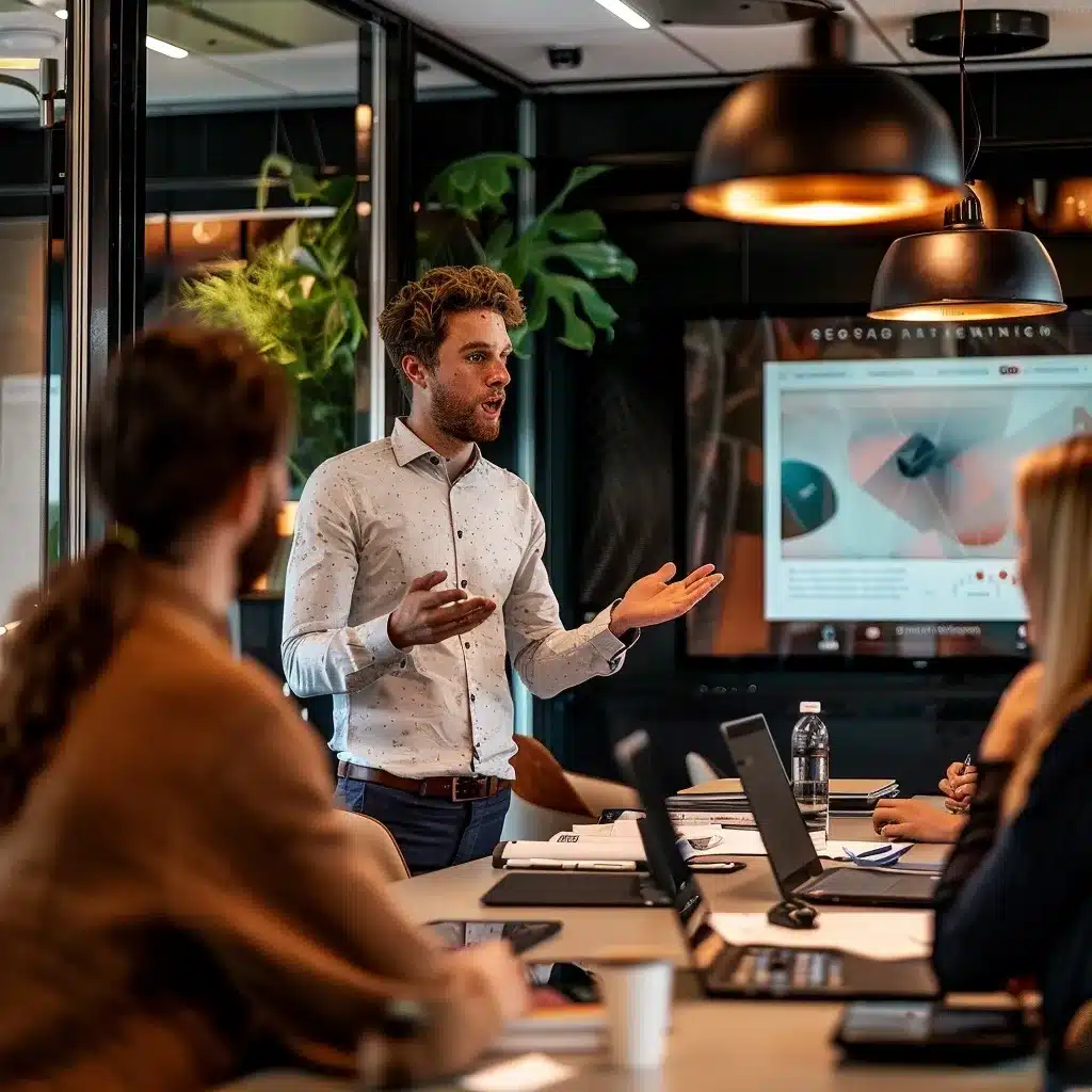 Presenterende en luisterende collega's in een boardroom - digitale behoeften identificeren